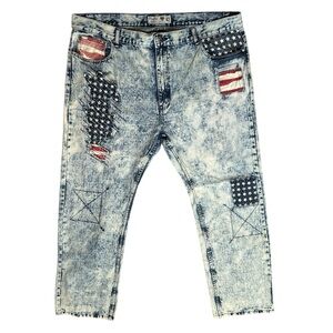 DIAMOND STASH Acid Wash American Flag Jeans Street Style Distressed sz 42 x 31